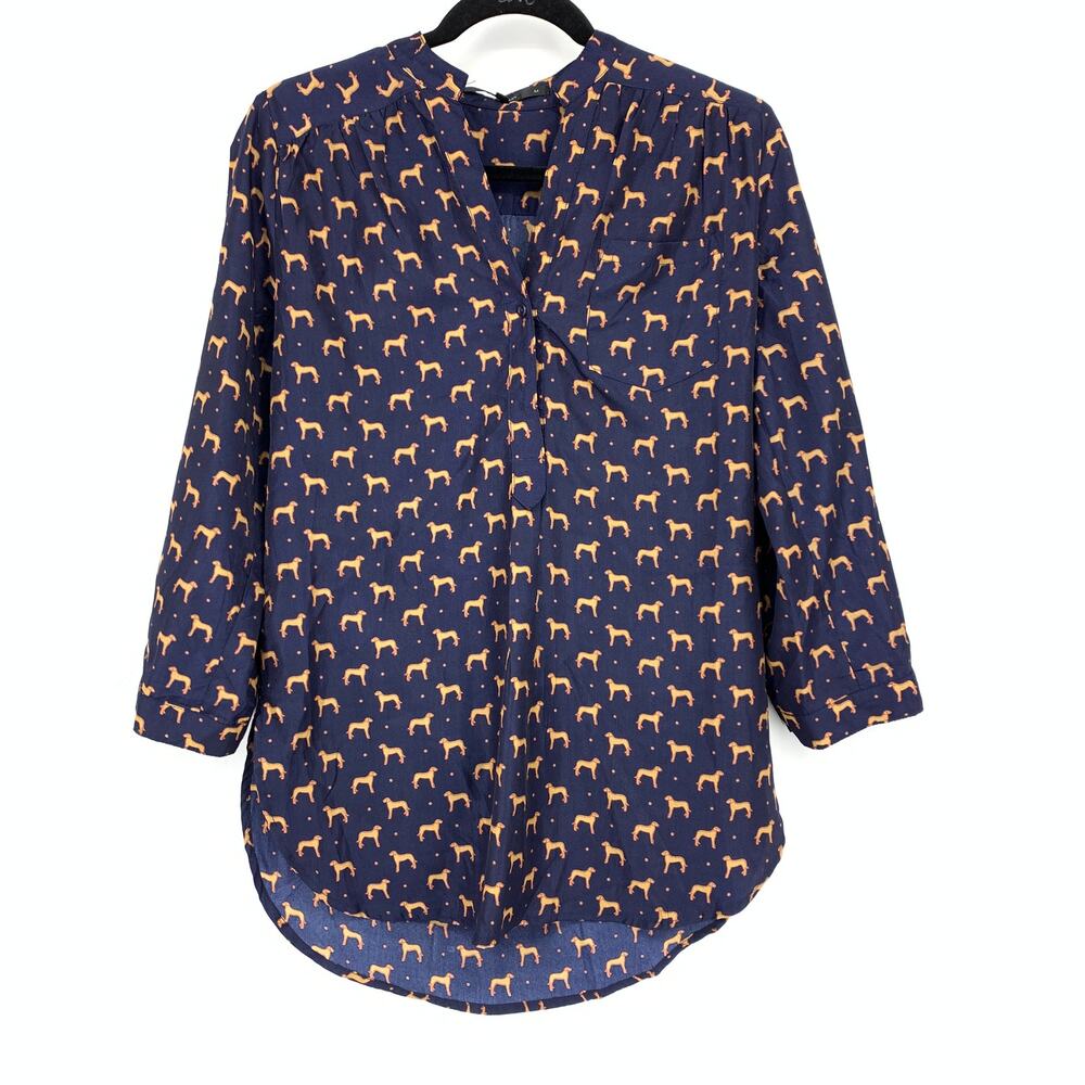 ModCloth Fun 2 Fun 3/4 Sleeve Blouse Womens Sz M Navy Blue Tan Dog Novelty Print
